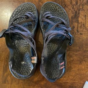 Pink and Black Chacos